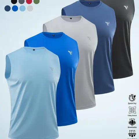 Men's Solid Color Reflective Bull Head Logo Tank Top, Breathable Quick-Drying Sports Vest, Fitness Workout Sleeveless Gym Top, Athletic Activewear for Outdoor Activities, Athletic Sports Clothing
