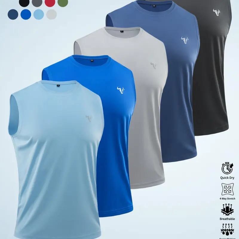 Men's Solid Color Reflective Bull Head Logo Tank Top, Breathable Quick-Drying Sports Vest, Fitness Workout Sleeveless Gym Top, Athletic Activewear for Outdoor Activities, Athletic Sports Clothing