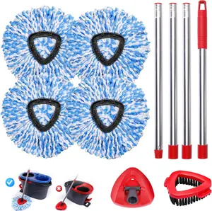 (NO BUCKET)Mop Heads Replacements Complete Combo Set for O-Ceda,4 Pcs Machine Washable Microfiber Spin Mop Refills Replace Heads,1Scrub Brushs,1Base,1 Set Handle,Spin Replacements for Tub and Tile Cleaning