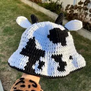 Cow Bucket Hat - Crocheted Design with Black and White Stripes, Featuring Cow Ears and Two Circular Features