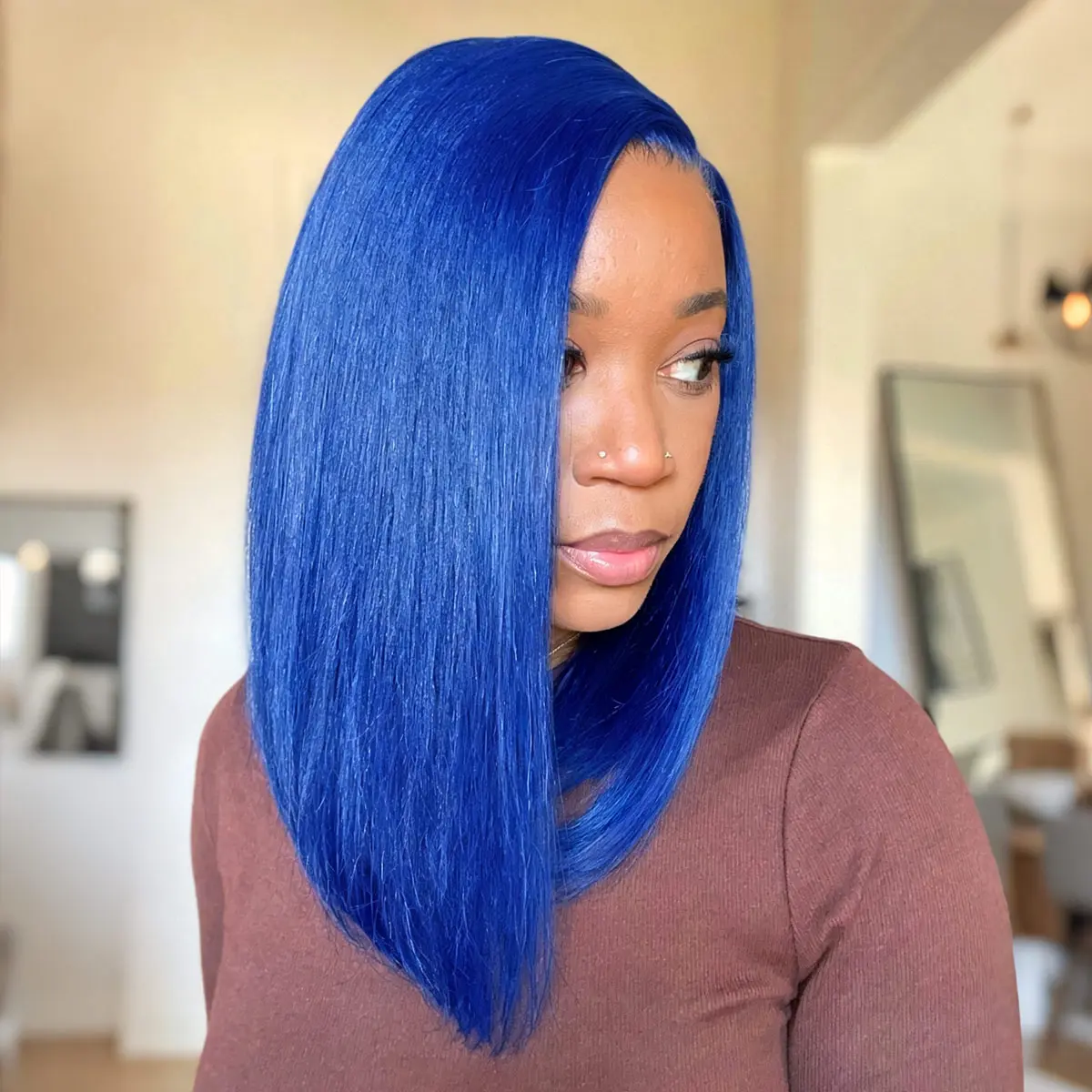 Blue 13x4 Lace Front Wigs Human Hair Straight Bob Wig Virgin Hair Preplucked 200% Density Colored Wig