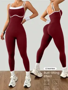 Women's Colorblock Two-Piece Adjustable Shoulder Straps Sports Jumpsuit, High Stretch Knit Waist Yoga Pants, Casual Fashion Home Commute Wear, Yoga Jumpsuits, Sporty Comfy Jumpsuit, Workout Jumpsuit, Workout Apparel, Sports Clothes