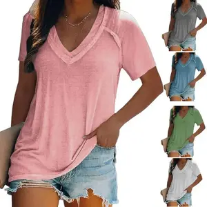 2025V Neck Solid Color Women's T-Shirt Top women's  shirts