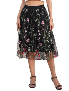 Women's Retro 50s Vintage 1950s Floral Tulle Embroidery Flared A-Line Pleated Midi Skirts