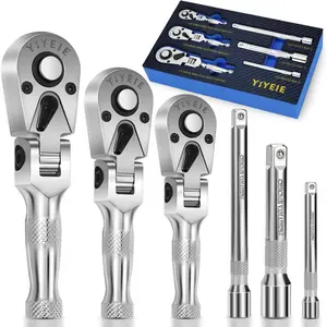 Flex Head Ratchet Set, Stubby Ratchet Set 1/4 3/8 1/2 inch with 3 Extension Bars, 72 Tooth Reversible & 180 °   Swivel Head Mini Handle with Foam