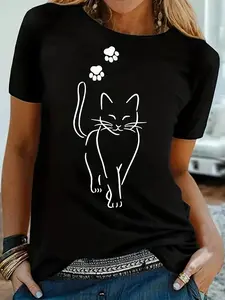 Cat Print T-shirt, Short Sleeve Crew Neck Casual Top For Summer & Spring, Women's Clothing