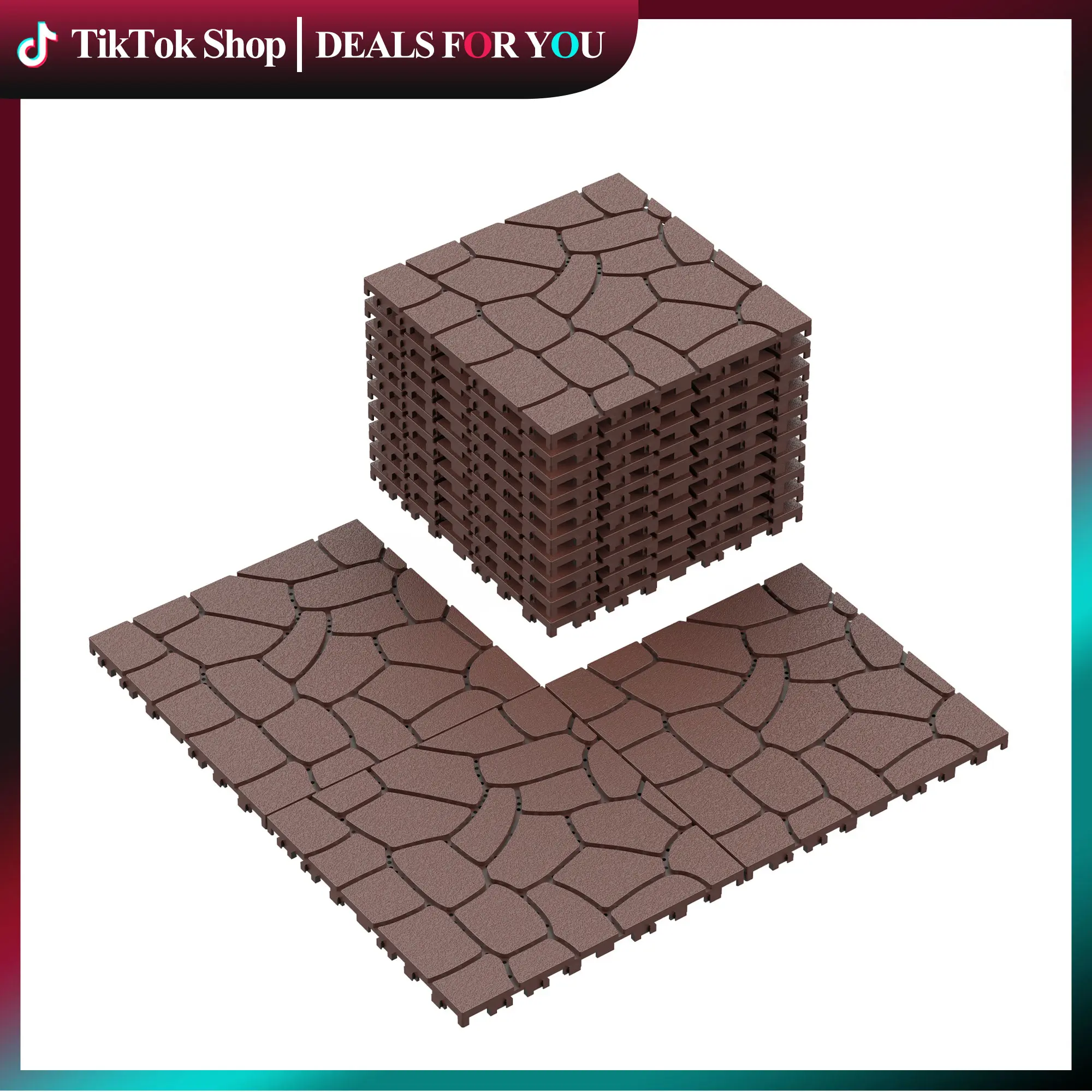 ZUGELAN Interlocking Deck Floor Tiles, 12x12 in Stone-Style Composite, 44 PCS (Brown/Dark Grey:1 Box=44 PCS=44 Sqft), Green Porcelain Option, Easy to Install for Patio, Balcony