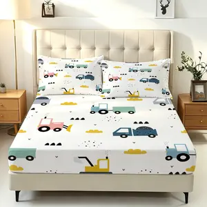 3Pcs Construction Vehicle‑Themed Printed Fitted Sheet Set, Cartoon Construction Vehicle Fitted Sheet Set—Soft, Stretchy, and Gentle on The Skin, with A Snug, All‑Around Fit for Your Mattress, Creating Your Very Own Cozy Sleep Sanctuary