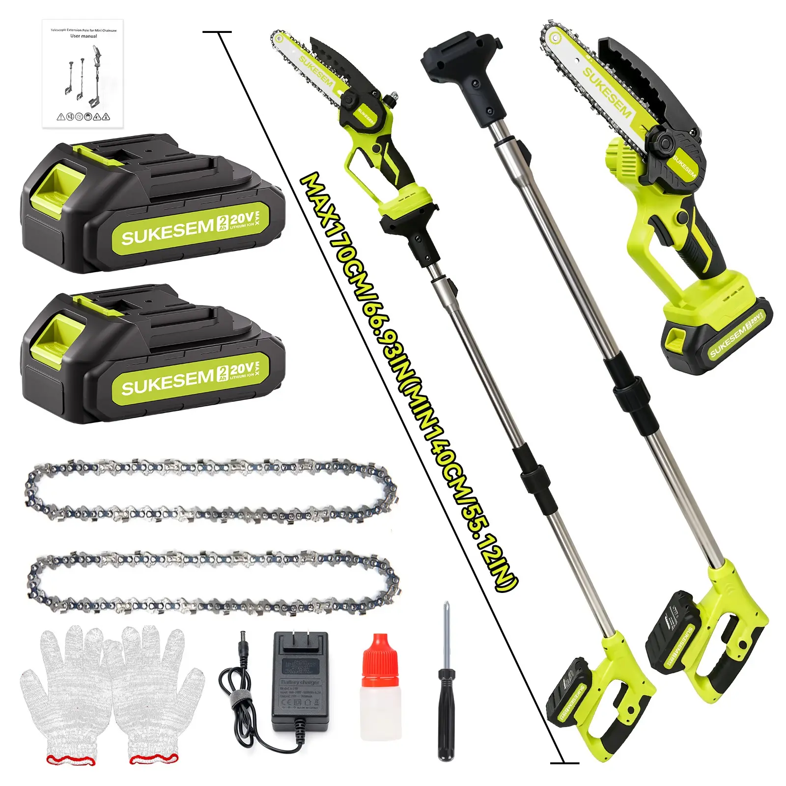 SUKESEM 2-in-1 Cordless Pole Saw & Mini Chainsaw, 6-Inch Electric Tree Trimmer with Extension Pole, Lightweight Battery Powered Branch Cutter for Tree Pruning