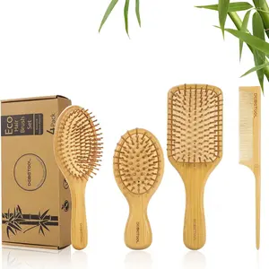 Hair Brush and Comb Set for Women Men and Kids, Natural Bamboo wood Wide-tooth brush