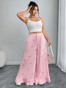 【Plus Size】 Bow Pattern Wide Leg Pants, Boho Casual Fashion Trousers for Daily Holiday Vacation Wear, Women Plus Clothing for Spring & Fall