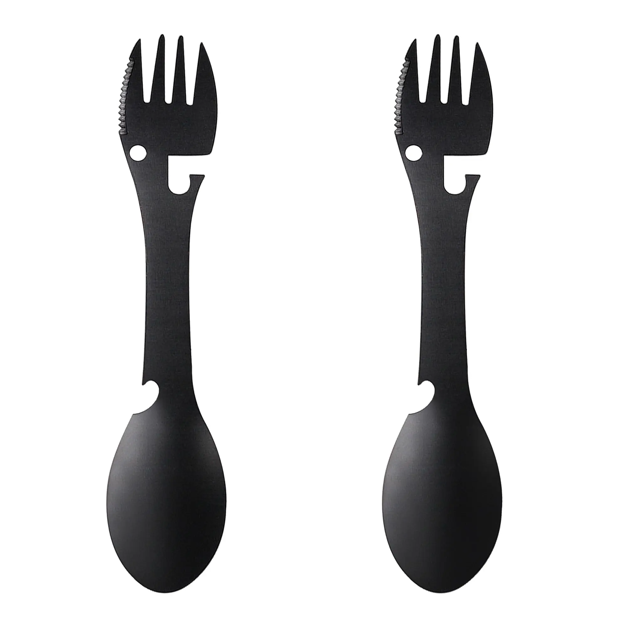2-Pack Portable All-in-1 Tactical Metal Spork Multi-Tool Eating Utensils - Serrated Edge, Opener, Compact Size, Accessory Kit for Camping, Emergency Use
