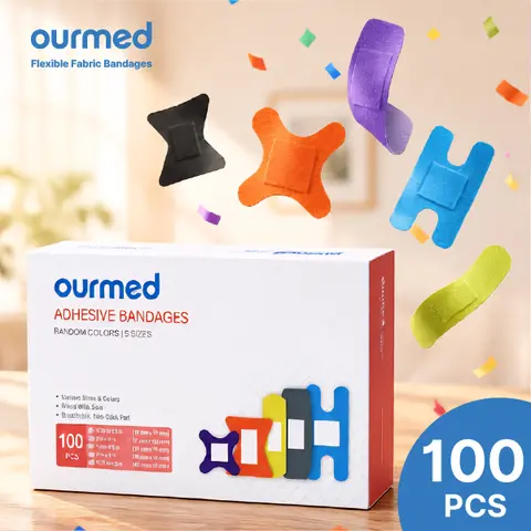 Ourmed Rainbow Colors Flexible Fabric Bandages, 100 Ct Assorted Sizes, Latex-Free, Breathable Strong Adhesive with Non-Stick Pad, First Aid Wound Care for Minor Cuts, Scrapes & Blisters