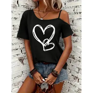 Womens Asymmetrical One Shoulder Cold Shoulder Tee With Spaghetti Strap Short Sleeve Loose Fit Graphic Heart Print Top for Summer Beach Vacation Date Night