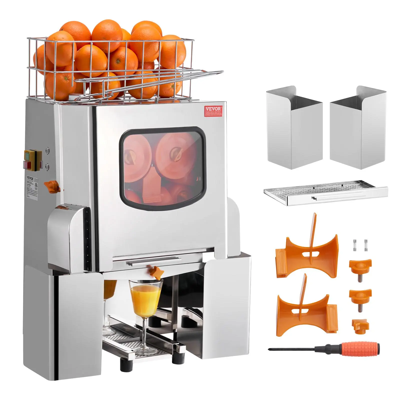 【Summerfinds】VEVOR Commercial Orange Juicer Machine 120W Automatic Juice ExtractorStainless Steel Orange Squeezer 20 Oranges/Minutewith Pull-Out Filter BoxStainless Steel Cover2 Peel Collecting Buckets