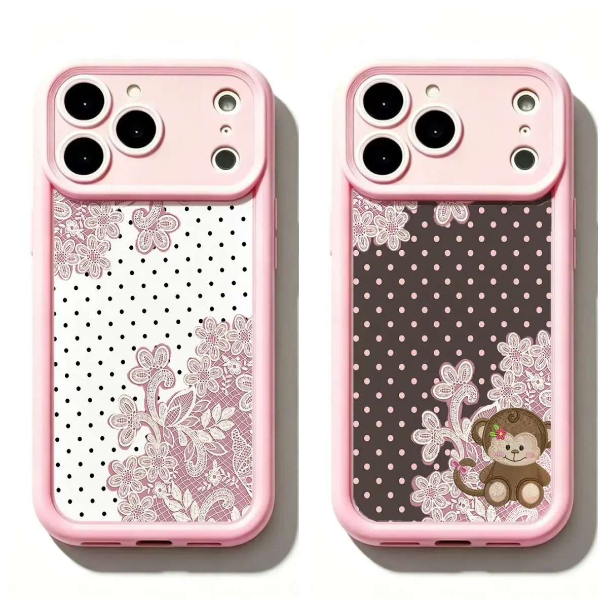 TY-Pink Lace & Polka Dot Phone Case,Brown Polka Dot Monkey Phone Case,Coquette Floral Lace Design Protective Cover For iPhone 11 12 MINI 13 MINI 14 15 16 17 Air Pro Max for Samsung S26 S25 S24 S23 S22 S21 Case,Gift for her/him