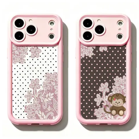 2 Styles Pink Frame Vintage Lace Floral Polka Dot Phone Case Cute Monkey Doll Coquette Shockproof Protective Cover for iPhone 11 12 Mini 13 Mini 14 15 16 17 Air Pro Max Samsung S26 S25 S24 S23 S22 S21 Gift for Her