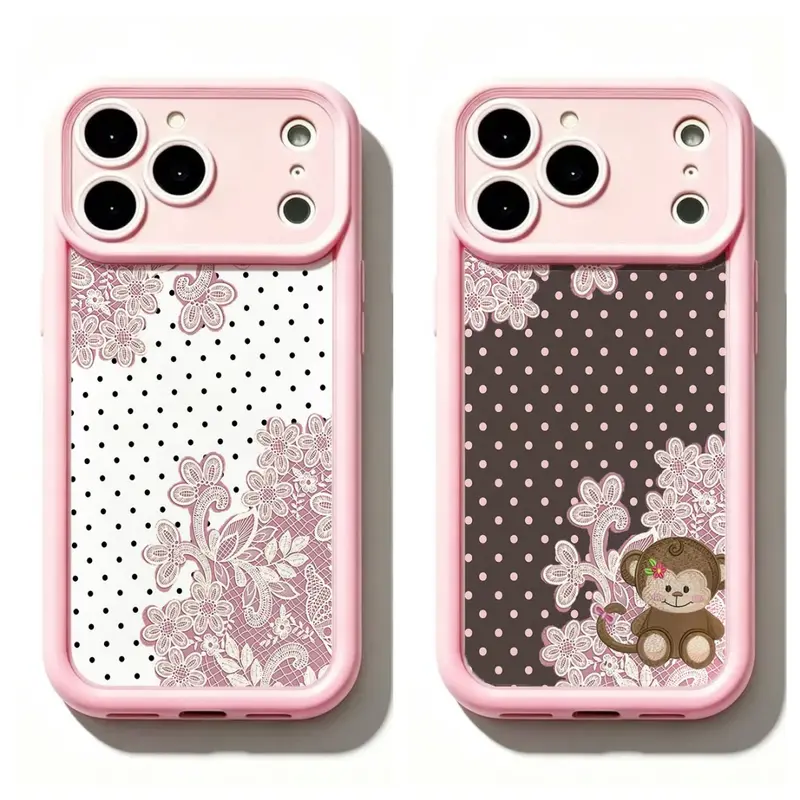 2 Styles Pink Frame Vintage Lace Floral Polka Dot Phone Case Cute Monkey Doll Coquette Shockproof Protective Cover for iPhone 11 12 Mini 13 Mini 14 15 16 17 Air Pro Max Samsung S26 S25 S24 S23 S22 S21 Gift for Her