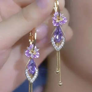 Purple Zircon Flower Tassel Earrings for Women, Elegant Luxury Dangle Jewelry, Unique Trendy Design
