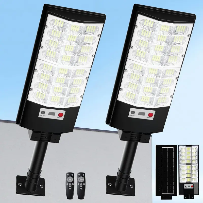 2-Pack Solar Street Lights Outdoor Waterproof, 12000LM Solar Lights with Motion Sensor, LED Flood Light with Remote, 6500K Dusk to Dawn Outdoor Lighting, Solares Parking Lot Light for Driveway Garage