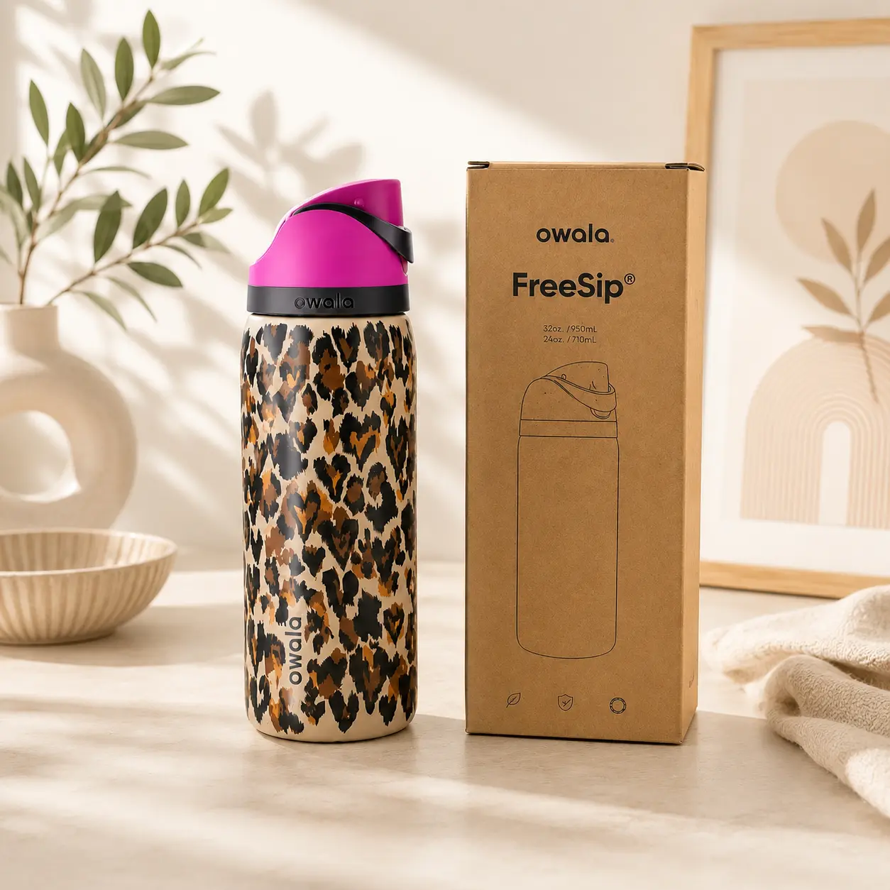 Owala Wild at Heart 32oz FreeSip Water Bottle, Leopard Print Stainless Steel Tumbler with Straw Lid, Insulated Reusable Bottle for Women