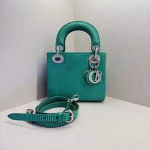 Pre-owned Dior Christian Mini Lady Bag, Emerald Green Lizard Skin with Crystal Silver Tone Hardware & Matching Detachable Lizard Shoulder Strap (Made in Italy)A162 HK