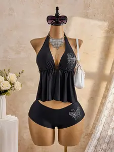 2026 Women's Black Tankini Swimwear Set,Rhinestone Floral 2 Pieces Bathing Suit,Tummy Control Y2k Swimwear,Bohemian Summer Beach Holiday Bikini Set
