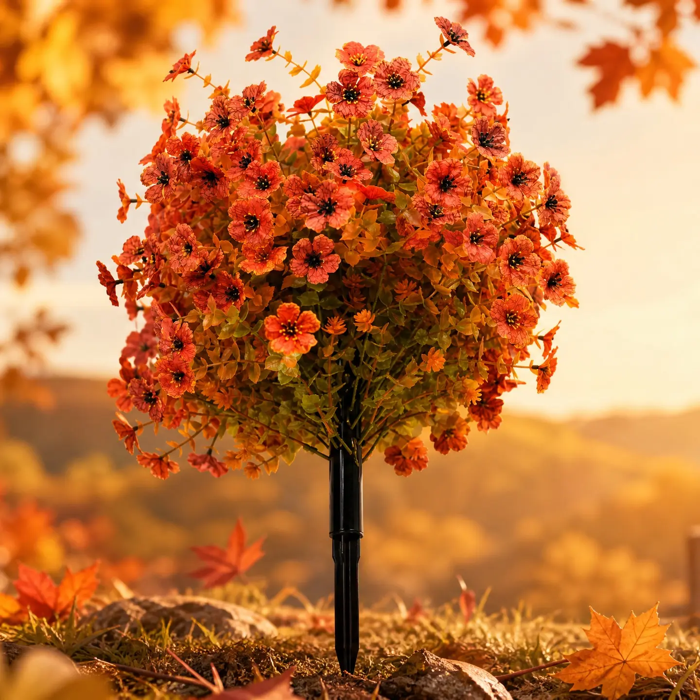 UV-Resistant Orange-Red Artificial Autumn Flower Bouquets with Stakes - Faux Florals for Garden, Patio, Cemetery  (Thanksgiving, Halloween) | Home  Supplies decor
