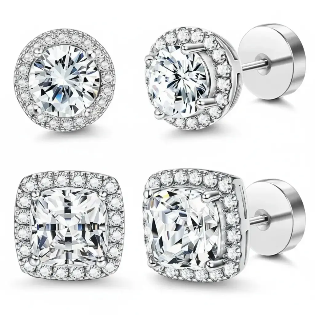 Women's LUZHEN Halo Synthetic Rhinestone Earrings Studs 4-Pack - Gold & Silver Round/Square, Hypoallergenic Copper-Plated Stainless Steel, Exquisite Workmanship, Comfortable Daily Wear, Jewelry Box Included, Birthday Gifts, High Quality Earrings, Sparklin