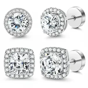 Women's LUZHEN Halo Zircon Stud Earrings 4-Pack - Gold & Silver Round/Square Styles, Hypoallergenic Copper-Plated, Anti-Rust Steel, Cubic Zirconia/CZ Diamond Stud Earrings, Comfortable Daily Wear, Jewelry Box Included, Birthday Gifts, Cubic Zirconia Earri
