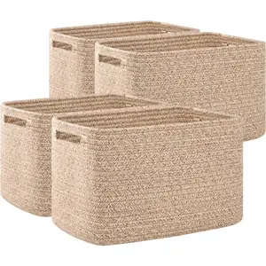 4 Pack Storage Baskets for Organizing, Cube Storage Bins for Shelves, Rectangle Woven Storage Baskets With Handles for Storage, 12.7''Lx9''Wx7.8''H, Mixed Brown