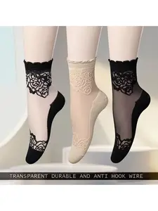 Women's Thin Transparent Lace Socks, Comfortable Breathable Anti-Slip Casual Everyday Boat Socks, Pack of 3, Perfect for Daily Wear