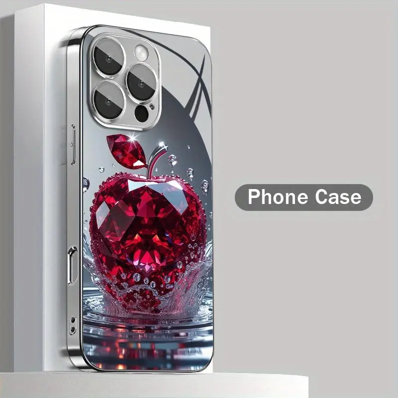 Red Crystal Apple Pattern Electroplated Glass Smartphone Case with Lens Protection & UV Printing, High-Value Cellphone Casing for iPhone 11ProMax-17ProMax, Handheld Phone Accessories