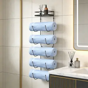 Maximize space with this multi-purpose metal towel rack!5 tiers + marble shelf, wall-mounted design ideal for bathroom towels or kitchen wine bottles-sleek black finish for modern decor🍷