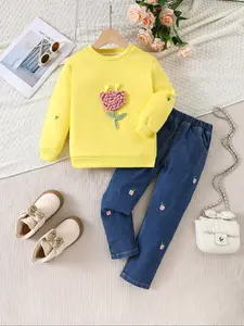 Girls' Winter Floral Sweatshirt & Embroidered Denim Jeans Set, Cute Two-Piece, Long Sleeve, Warm & Stylish, Toddler, Fashion Clothes Set, Fashion Style Sets, Cute Clothing Set