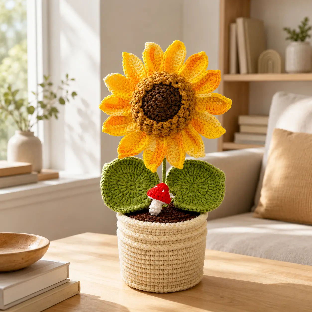 Crochet Sunflower Potted Plant | Handmade Knitted Flower Pot Decor, Cute Desk Ornament, Indoor Gift for Her, Women, Housewarming