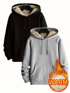 Men's Fleece-Lined Hoodie Set 2 Pack Beige & Black Solid Color Hoodies with Kangaroo Pocket Faux Lamb Wool Lining Long Sleeve Casual Knit Top for Fall Winter Outdoor Activities