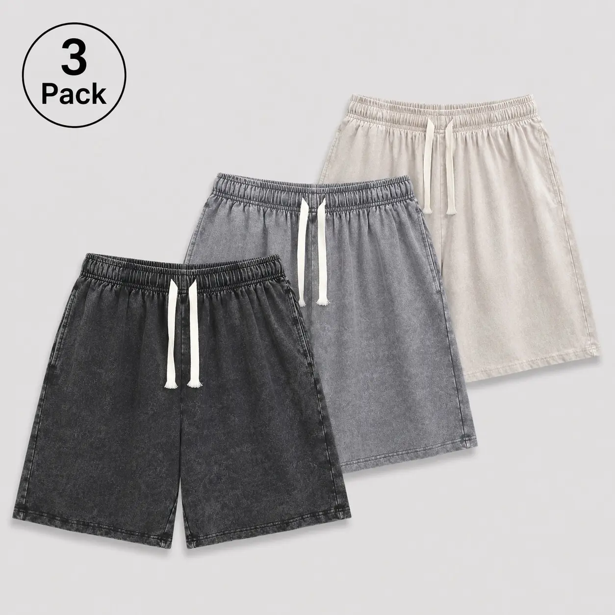 Men's 3 Pack 260G Heavyweight Washed Shorts, 98% Cotton Vintage Baggy Shorts, Stretch Casual Streetwear Shorts, Y2K Summer Shorts with Elastic Waist sohochic