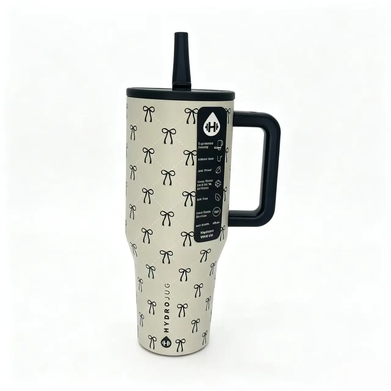 HydroJug 40oz Hydrojug Insulated Tumbler with Handle & Straw, Cream Base Black Coquette Bow Print Stainless Steel Travel Mug, 24 Hours Cold Retention Leak Proof Cup Holder Friendly Water Bottle, BPA Free Large Cup for Gym Road Trip Daily Use sleeve