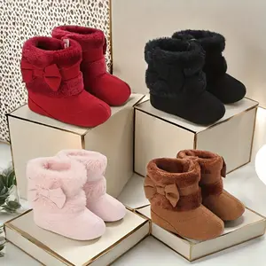 Cute Bowknot Comfortable Boots For Baby Girls Soft Warm Plus Fleece Boots For Indoor Walking Winter 0-18 Months