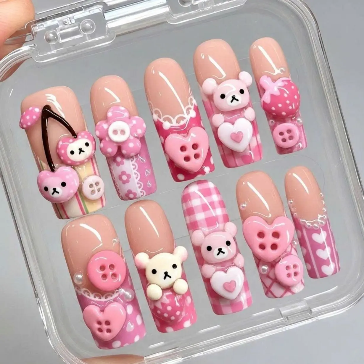 Pink Kawaii Bear Press On Nails, Cherry Heart Button Design, Gingham Plaid Art, 3D Cute Handmade Nail Set for Coquette Sweet Girl Everyday Style