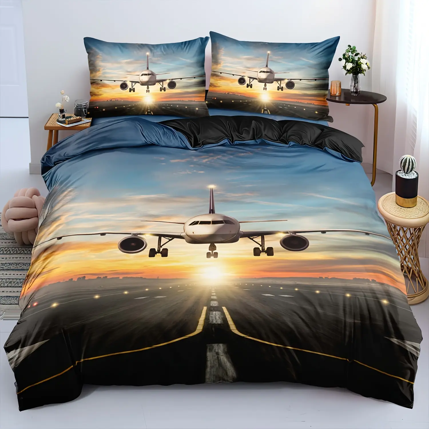 2/3 Piece Down Duvet Cover Set, Soft and Comfortable, Airplane Down Duvet Cover for Double Bed, Airplane Bed Cover for Double Bed, Boys' Double Bed Airplane Bedding Set (1 * Duvet Cover + 1/2 * Pillowcase, Core Not Included)