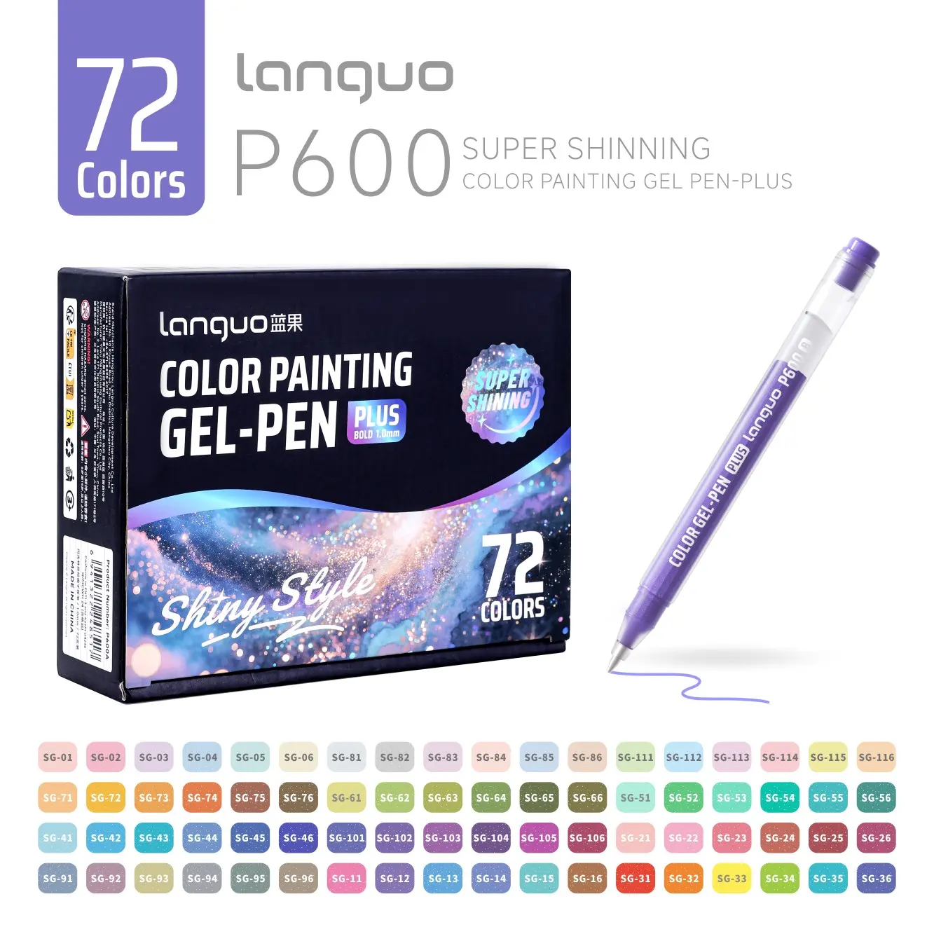Blue Fruit Languo 72 Color Shiny Gel Pens, Ultra-Shiny Gel Material, 1.0mm Broad Tip, Rich Colors for Creative Drawing, Gift Boxed Art Supplies, Craft