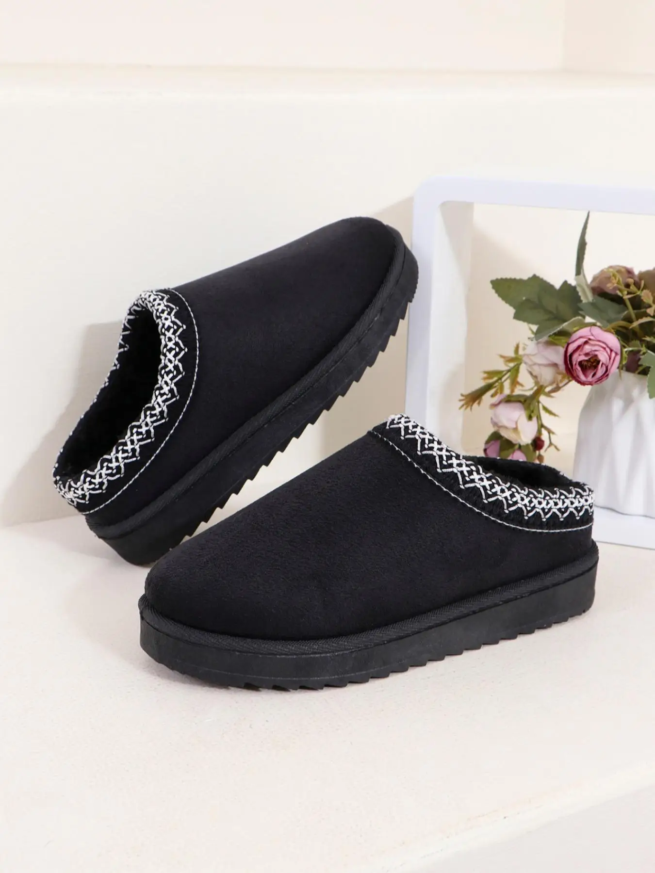 Women's Solid Color Plush Lining Slippers, 2024 New Style Casual Soft Comfortable Home Slippers, Warm Slippers for Indoor & Outdoor Use for Fall & Win