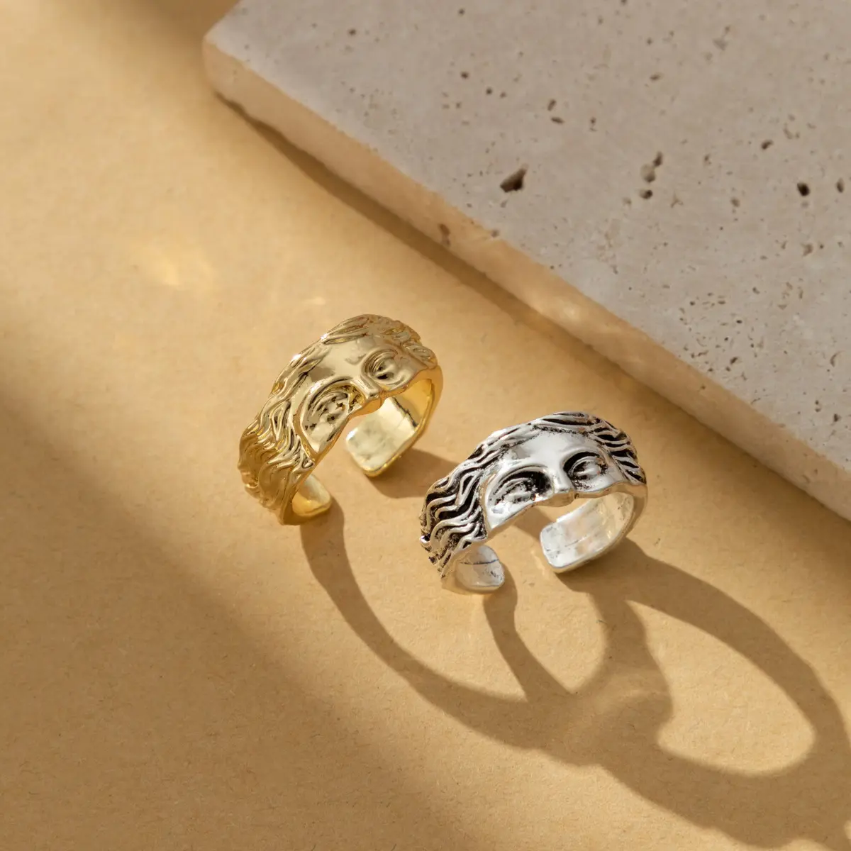 Men and women vintage half face open ring, ancient Greek faith index finger ring, fashion accessories creative gifts