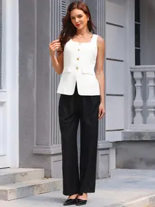 INSPIRE CHIC Women's Linen Vest Square Neck Button Down Vest Top