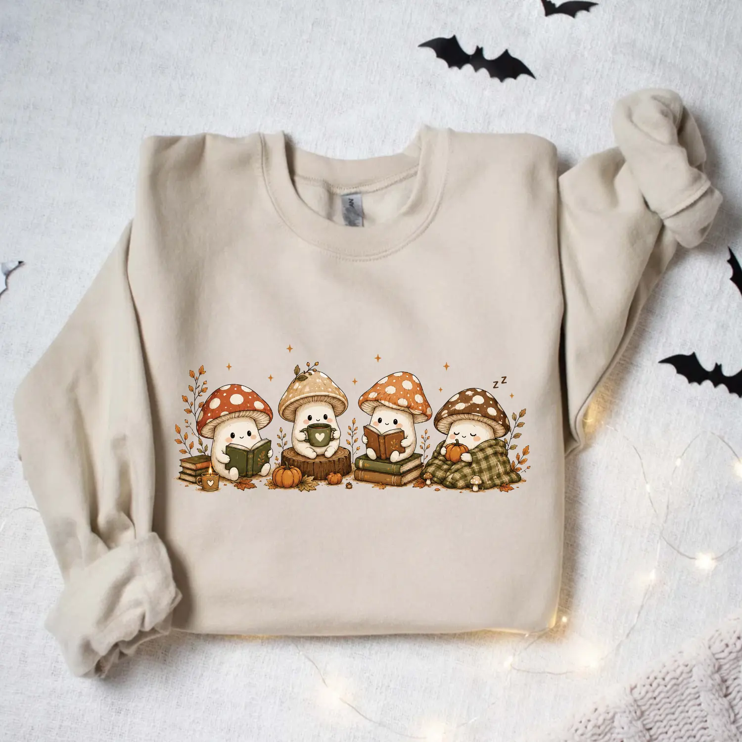 Women's Casual Polyester-Spandex Mushroom Crewneck Sweatshirt - Cute Cozy Cottagecore Forest Aesthetic, Fall Everyday Style Gift for Book Lovers, Ribbed