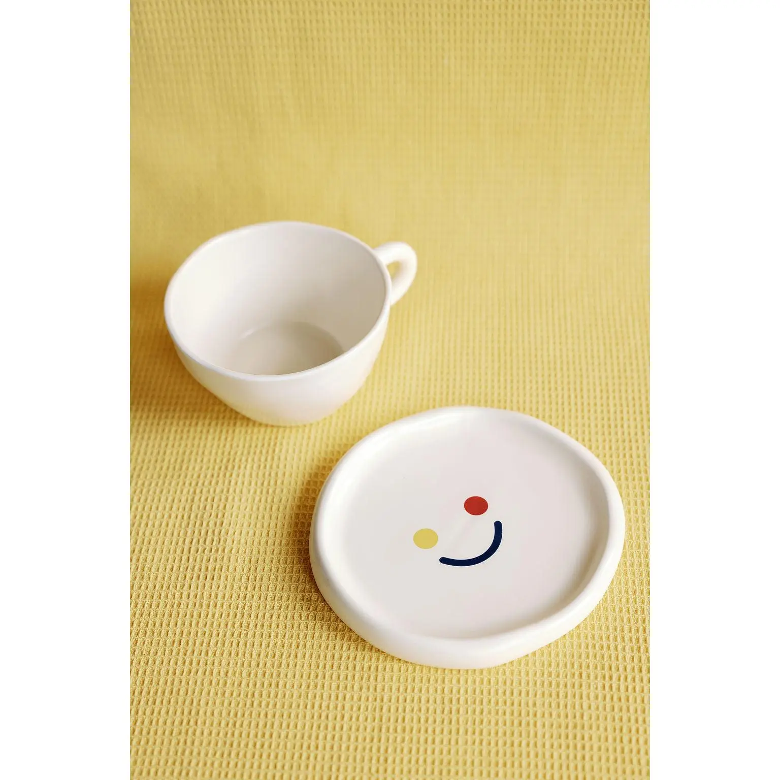 Bright Side Ceramic Cup and Saucer Set with Matte Finish & Smiley Face Design - Microwave & Dishwasher Safe Drinkware