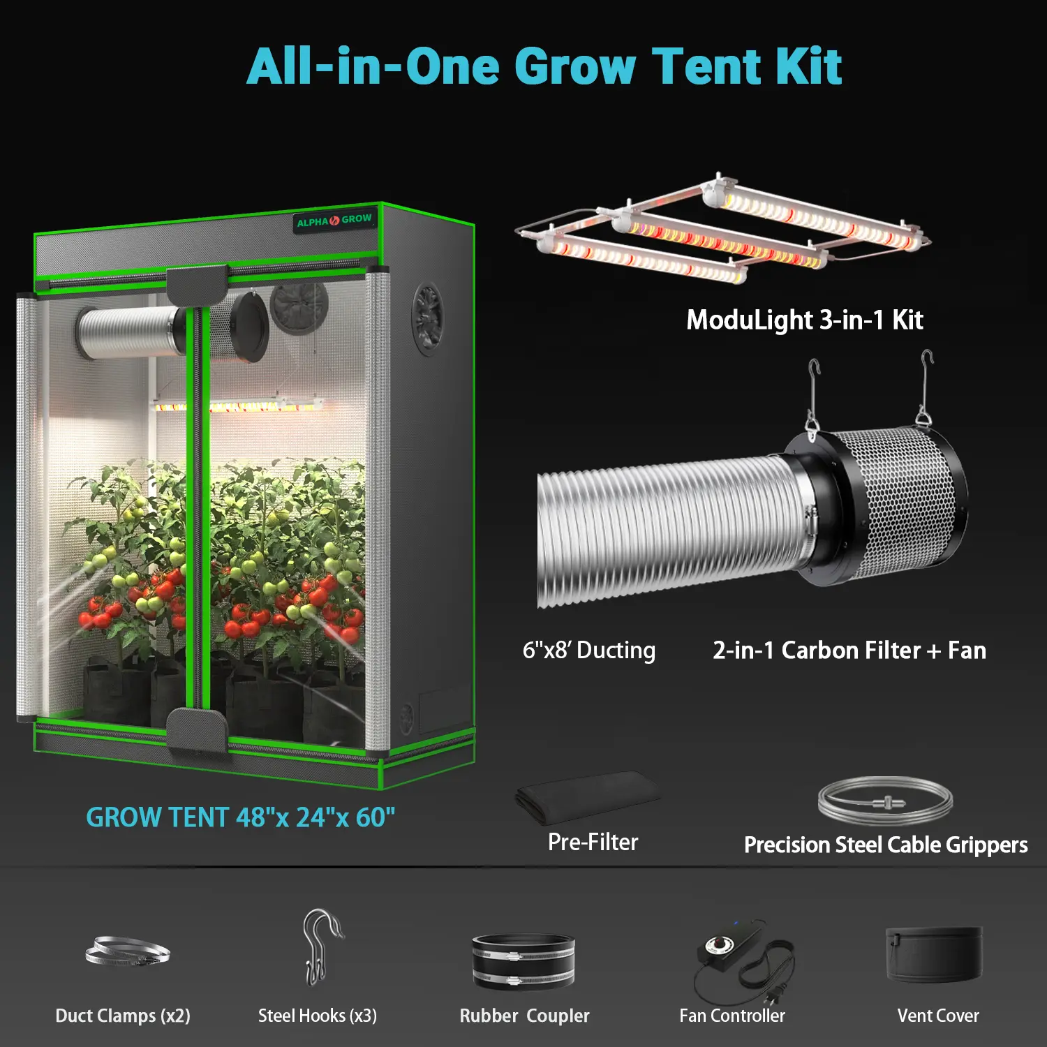 2x4 1800D Tent+6'' 2-in-1 Kit