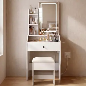 Makeup Vanity Desk with Mirror and Lights, Vanity Table Set with Storage Drawer, Chair and Three Shelves, Bedroom